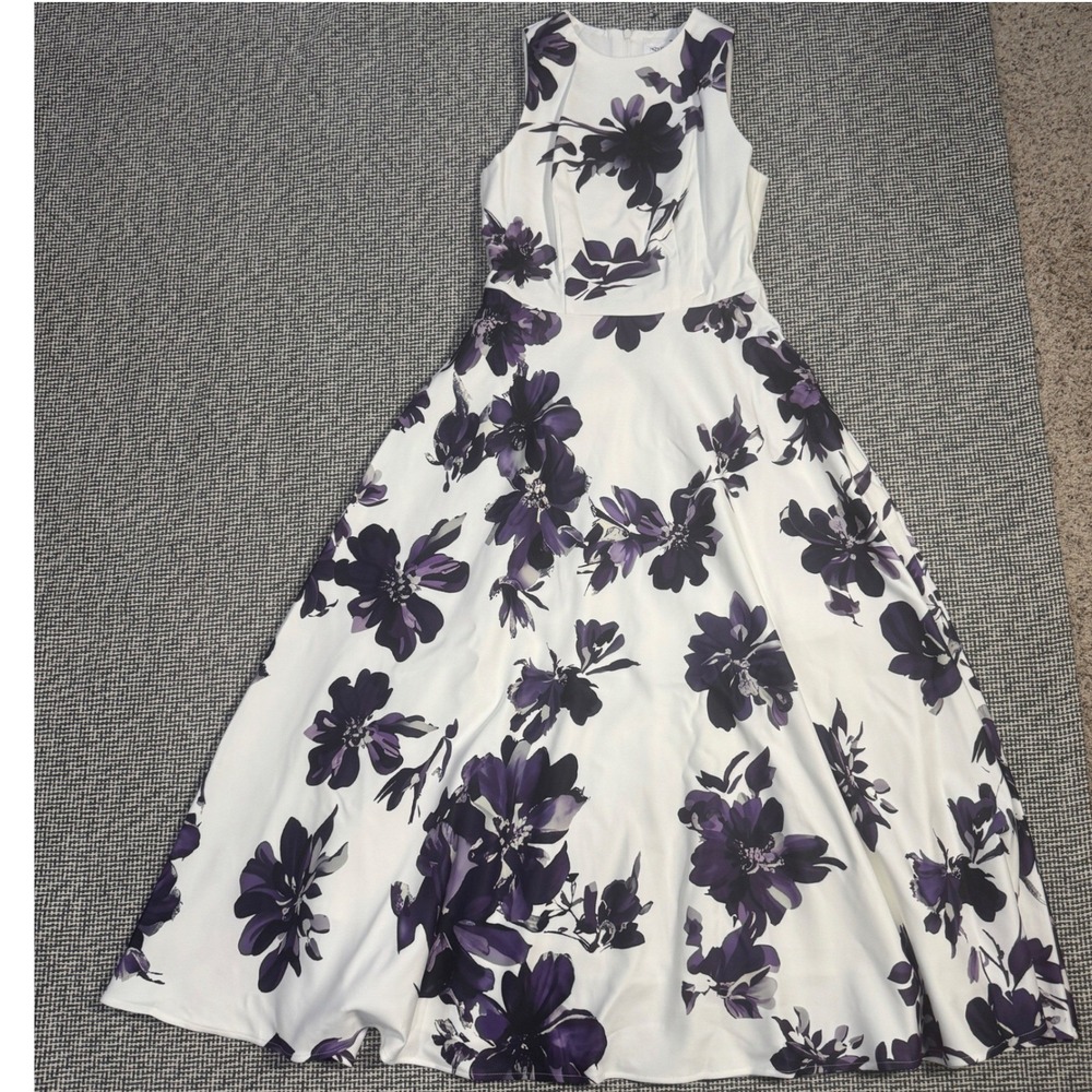 Noyius Womens Floral Fit & Flare Midi Dress Purple White Sleeveless XS NWT